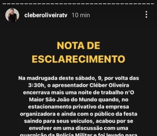 NOTA DE ESCLARECIMENTO – DO APRESENTADOR CLEBER OLIVEIRA