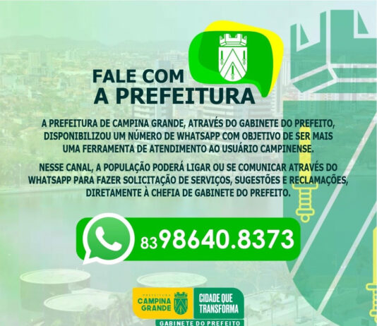 CAMPINA GRANDE – Gabinete do Prefeito disponibiliza número de Whatsapp para encaminhar as demandas da população em todas as áreas administrativas