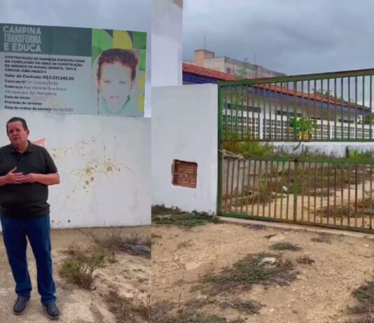 Com obra de creche parada, prefeitura apaga datas de placa, denuncia vereador